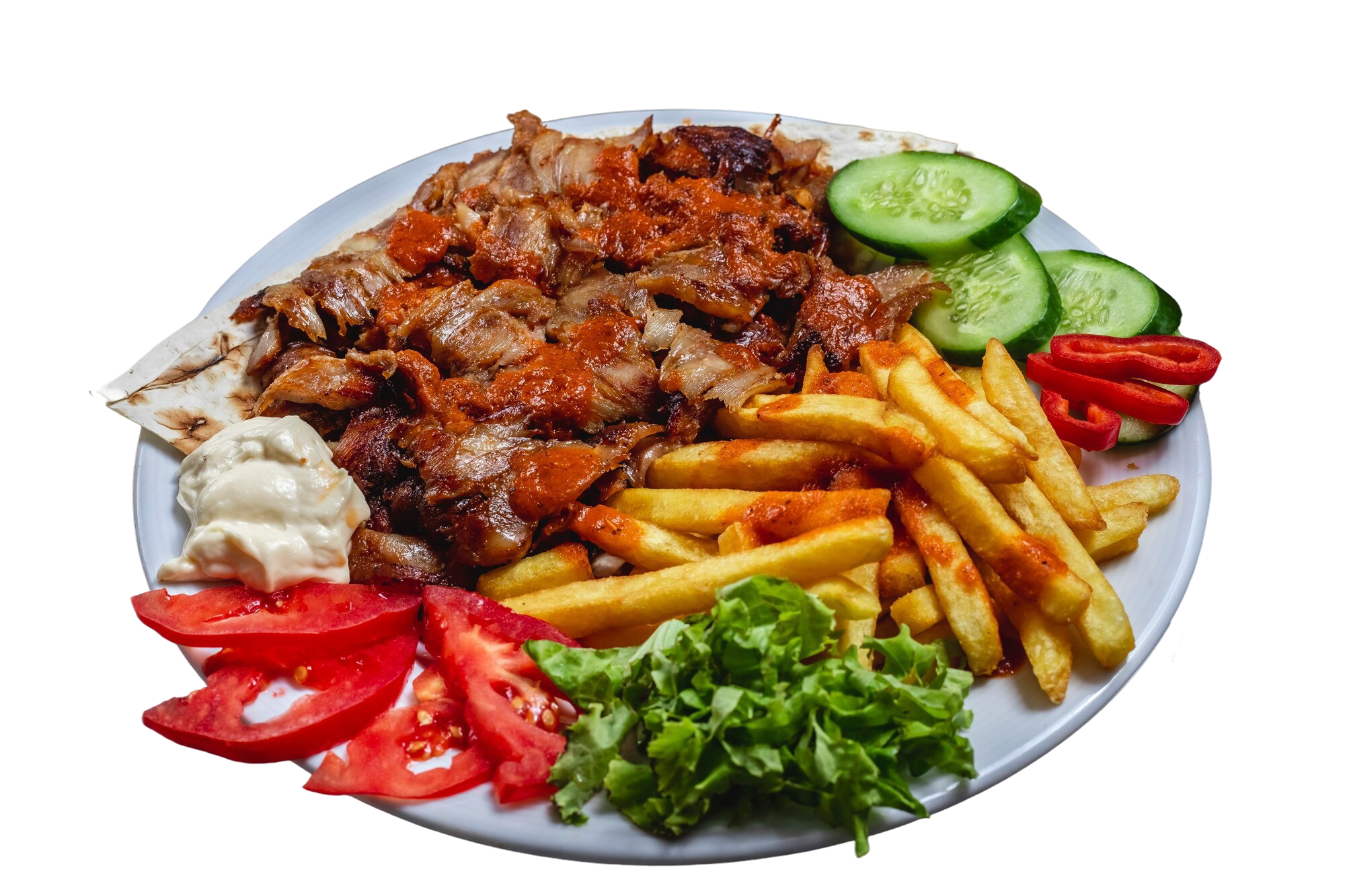 Home side view doner plate with french fries tomato fresh cucumber yogurt bread table